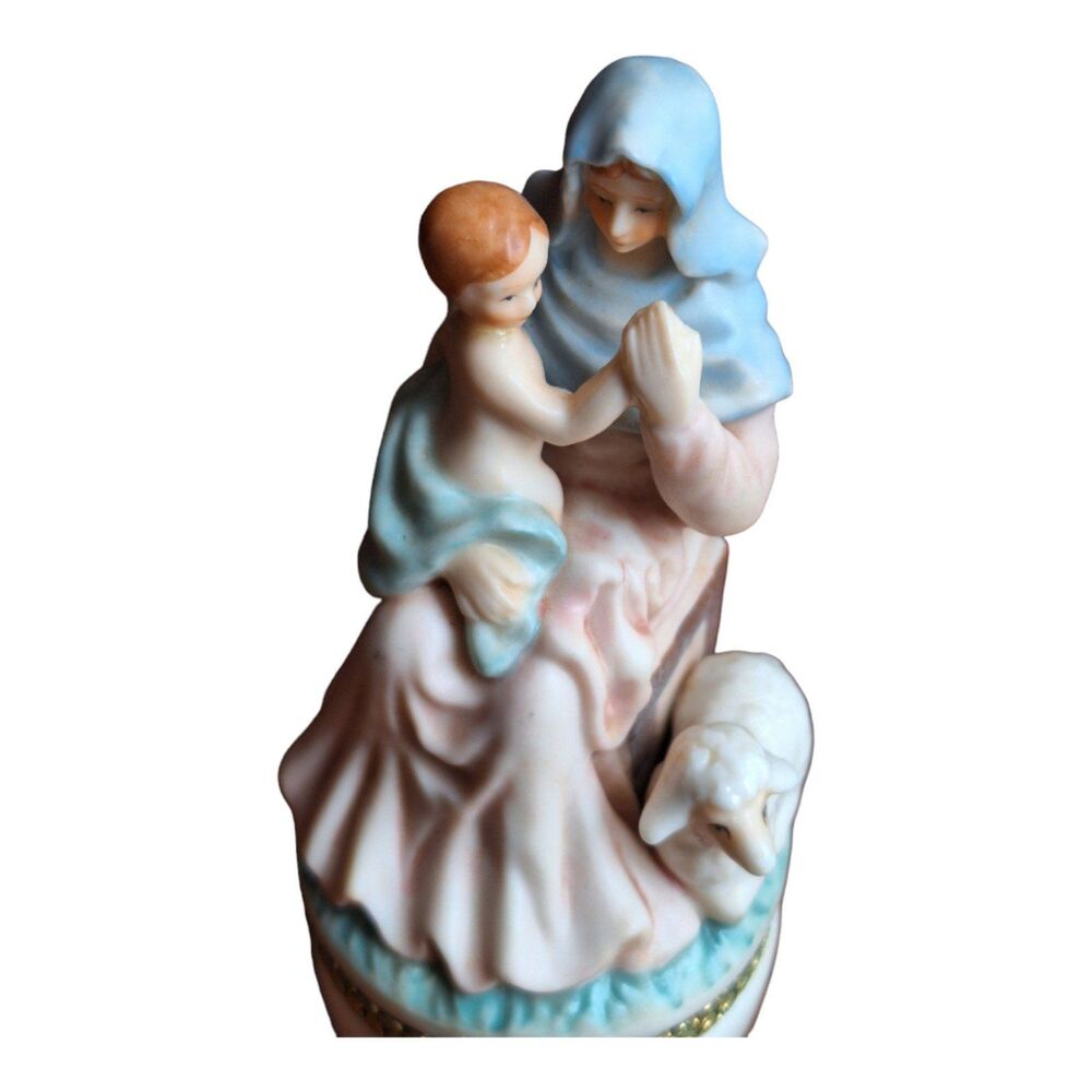 1997 Enesco Trinket Box Mother Mary Jesus with Lamb 5"